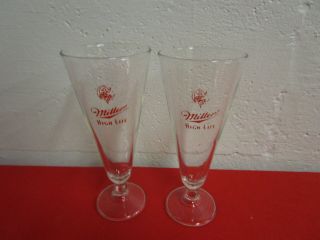 (2) Vintage Miller High Life Pilsner Beer Glasses Footed Stem Girl On Moon