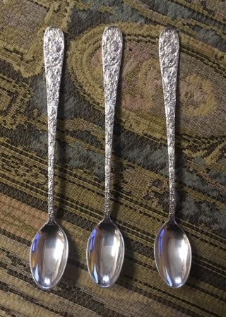 3 Stieff Rose Sterling Silver Rose Ice Tea Spoons 7 3/8 " Long