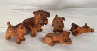Set Of 5 Antique Wooden Carved Sealyham Terrier Dogs