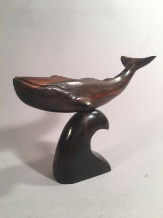 Vintage Carved Wood Whale Sculpture On Wooden Stand