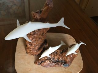 Vintage Shark/dolphin Sculptures By John Power Root Burl Wood Mid Century