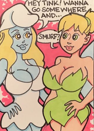 Jim8ball 5485 Tink & Smurfette Sexy Comic Art Sketch Card