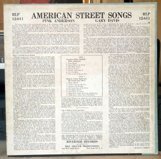 REV.  GARY DAVIS / PINK ANDERSON - AMERICAN STREET SONGS LP RIVERSIDE RLP 12 - 611 2