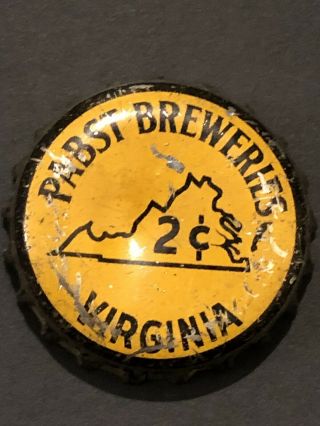 Vintage Pabst Breweries Virginia 2 Cent Tax Cork Beer Bottle Cap Old Yellow