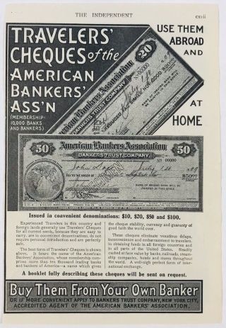1909 Travelers Cheques Checks American Bankers Abroad Advertising Print Ad