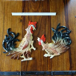 Lg Set Of 2 Vintage Pottery Rooster Cocks Wall Hanging Plaque Chicken Sculptures