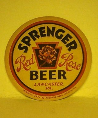 Sprenger Red Rose Beer Coaster,  Lancaster,  Pa 1930 S Scarce