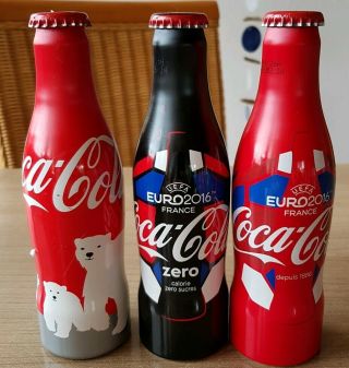 Coca Cola Alu Bottles From France.  Football Polar Bear.  3 Empty Bottles