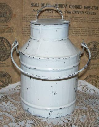 Vintage Glavernized Metal Chippy White Paint Milk Can Salesman Sample Size