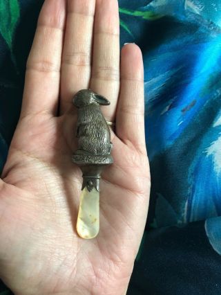 Antique Vintage Silver Rabbit Bunny Rattle Mother Of Pearl Handle Stamped Silver