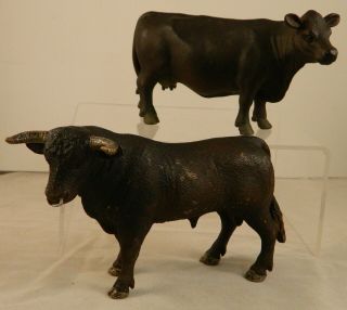 Schleich 2012 Black Bull & 2002 (angus?) Cow Farm Life Animal Figurines / Toys