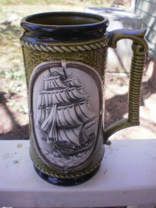 Deville Beer Stein Made In Japan Olive Green Roped Vintage Ship With Sails