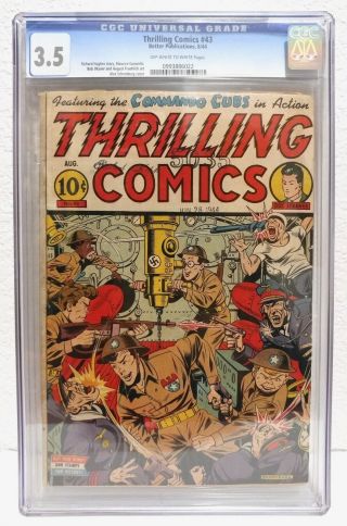 Thrilling Comics 43 Cgc 3.  5 Schomburg Nazi Wwii War Cover Nedor 1944 Bob Oskner