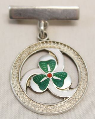Vintage Sterling Silver & Guilloche Enamel Irish Shamrock Fob Medal.  B 