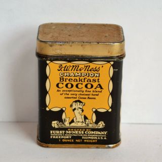 Vintage F.  W.  Mcness Breakfast Cocoa Tin 1 Oz Freeport Illinois Full Euc