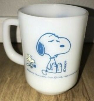 Vintage Snoopy Peanuts Fire King Milk Glass Cup Mug 1965 Coffee Break,