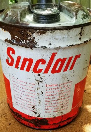 Vtg 50s Sinclair 5 Gallon Metal Oil Can W/ Spout.  Sign