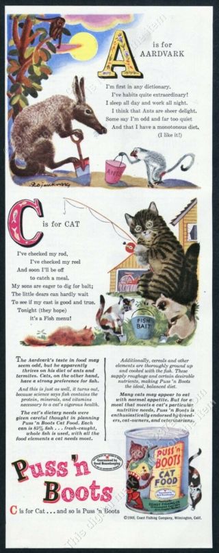 1948 Cute Cat Fishing Kittens Feodor Rojankovsky Art Puss N Boots Cat Food Ad