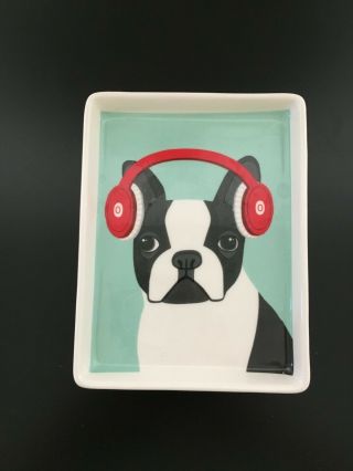Boston Terrier With Headphones,  Rae Dunn Magenta Bulldog Plate Platter Tray