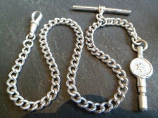 Vintage Solid Silver Albert Pocket Watch Chain And Silver Key Fob