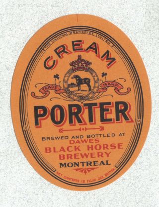 Beer Label - Canada - Cream Porter - Dawes Black Horse Bry.  - Montreal,  Quebec