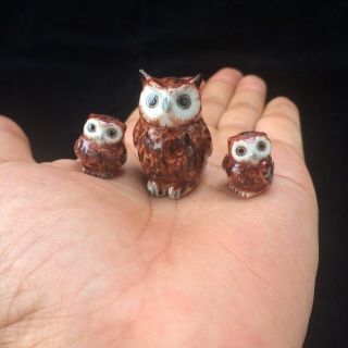 Family 3 Owls Ceramic Figurine Collectibles Dollhouse Miniature Hand Painted