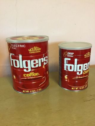 2 Folger’s Coffee Can Tins,  Empty,  2 & 1 Size,