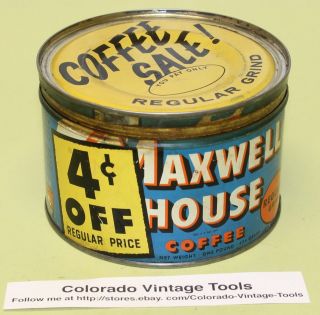 Vintage 1 Lb.  Maxwell House Coffee Can: “4 Cents Off” / Kitchen Store / $5 Ships