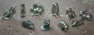 10 Rare Silver Plate Country Animals.  Otter - Owl - Pig - Mouse - Dog - Fox - Rabbit.  Fine