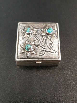 Vintage Sterling Silver And Turquoise Pill / Trinket Box - 11.  3 Grams