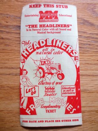 1940s Minneapolis Moline Headliners Movie Card Complimentary Ticket Tractors Mn
