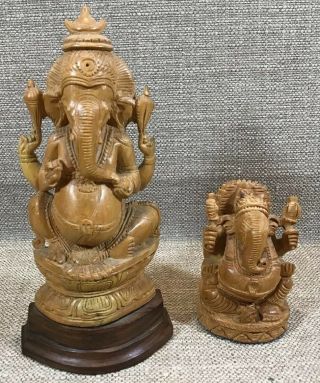 2 Vintage Hand Carved Indian God Genasha Elephant Statues 7.  5” & 3.  5”