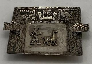 Old Peru Sterling Silver Ashtray Raised Mayan Llama & Herder 3 1/4 " D 78 Grams