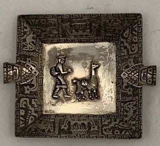 Old Peru Sterling Silver Ashtray Raised Mayan Llama & Herder 3 1/4 