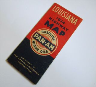 1934 Pan - Am Gasoline Motor Oils Louisiana Highway Map Pan American Petroleum