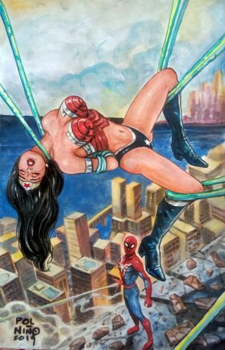 Wonder Woman And Spiderman Art Pin Up By Pol Nino - 02 12 " X 18 "
