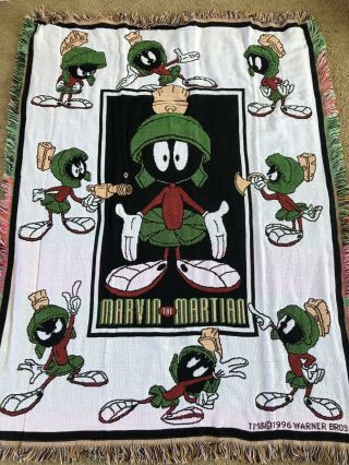 1996 Vintage Marvin The Martian Throw Blanket Warner Bros Looney Tunes 40x52
