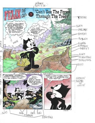 Rare Vintage Felix The Cat Comic Book Color Guide Production Art Page 1