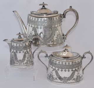 3 Piece Antique Walker & Hall Silver Plate Tea Set: Tea Pot,  Creamer,  Tea Caddy