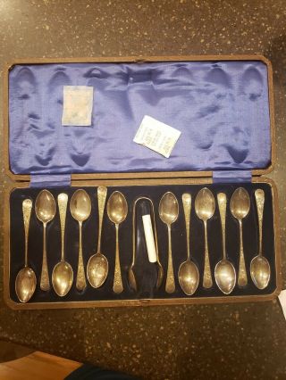 12 Solid English Silver Spoons And A Tong Matching With Case (1930s)
