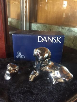 Dansk Nickel Plated Dog & Puppy Figurine Paperweight Nib Rare Retired