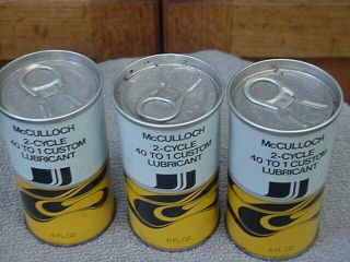 3 VINTAGE MCCULLOCH CHAINSAW 2 Cycle OIL Can’s.  6 Oz 2