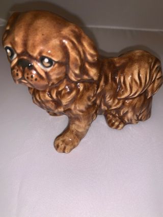 Vintage Brown High Gloss Glazed Porcelain Pekingese Dog Sculpture Figurine