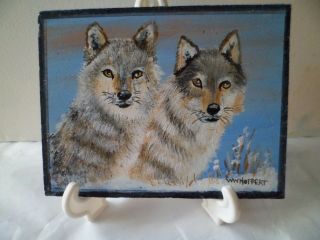 Wolves Pair - Hand Painted On Tile,  With Easel,  By Artist W.  W.  Hoffert