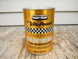 Vintage 1 Quart Western Auto Vita - Power Motor Oil Can Full Nr