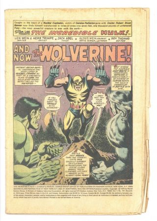 Incredible Hulk 181 Vol 1 Coverless / Incomplete 1st Wolverine No Marvel Stamp