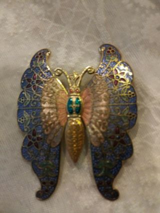 Vintage Signed Cloisonne Enamel Multi Color Pastel Butterfly Moth Brooch Pin