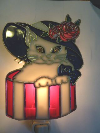 Stain Glass Style - " Cat In A Hat Box " Night Light