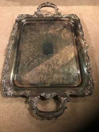 Vintage Rectangle Silver Serving Silverplate Tray With Handles And Feet