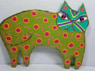 Vintage 1999 Handcrafted Wall Plaque,  Colorful Embellished " Burch - Ish " Cat,